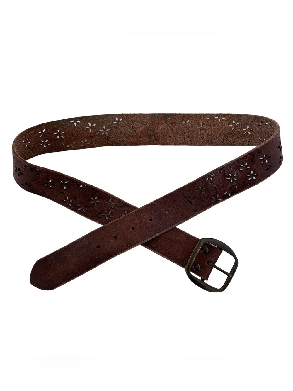 Genuine Italian Leather Brown Floral Embossed Belt - 44 inches long